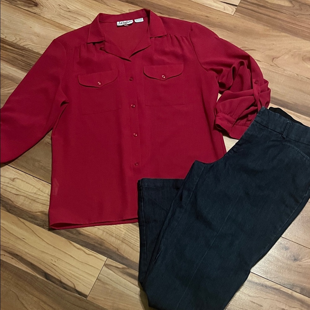 Fushia Button-Up Blouse and Jean Pants Set